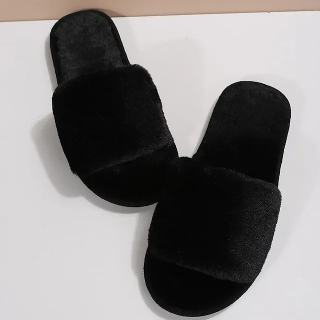 Women's Slippers Furry Feather Fuzzy Slippers Fluffy Slippers House Slippers Home Daily Solid Color Winter Flat Heel Open Toe Casual Comfort Minimalism Walking Suede Wine Red Black White