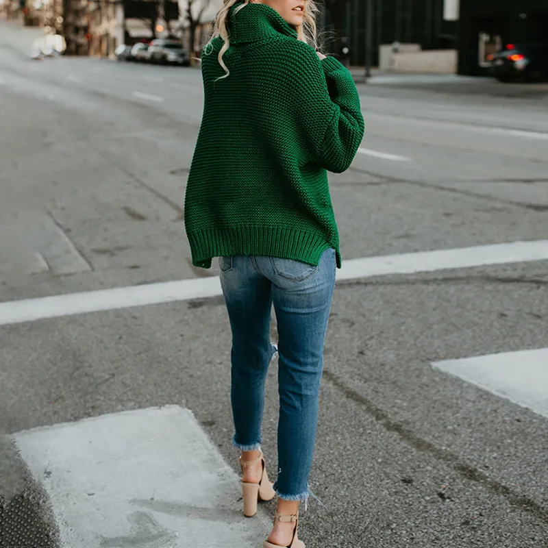 Solid Color High Neck Pullover Knitted Sweater