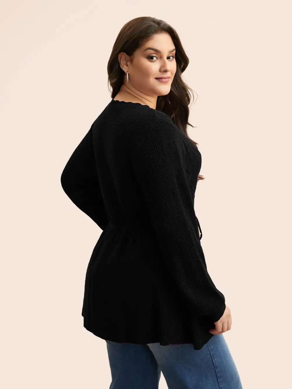 V Neck Cable Knit Drawstring Pullover