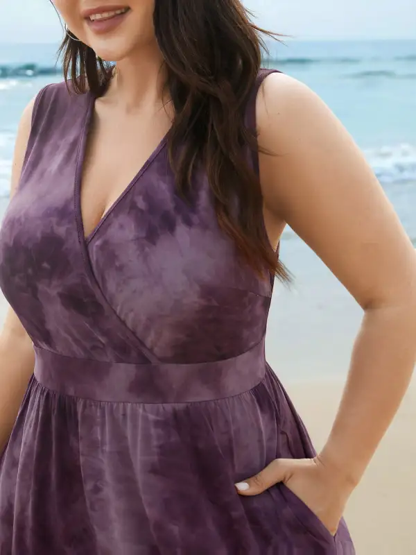 Tie-Dye Surplice Neck Curved Hem Midi Dress