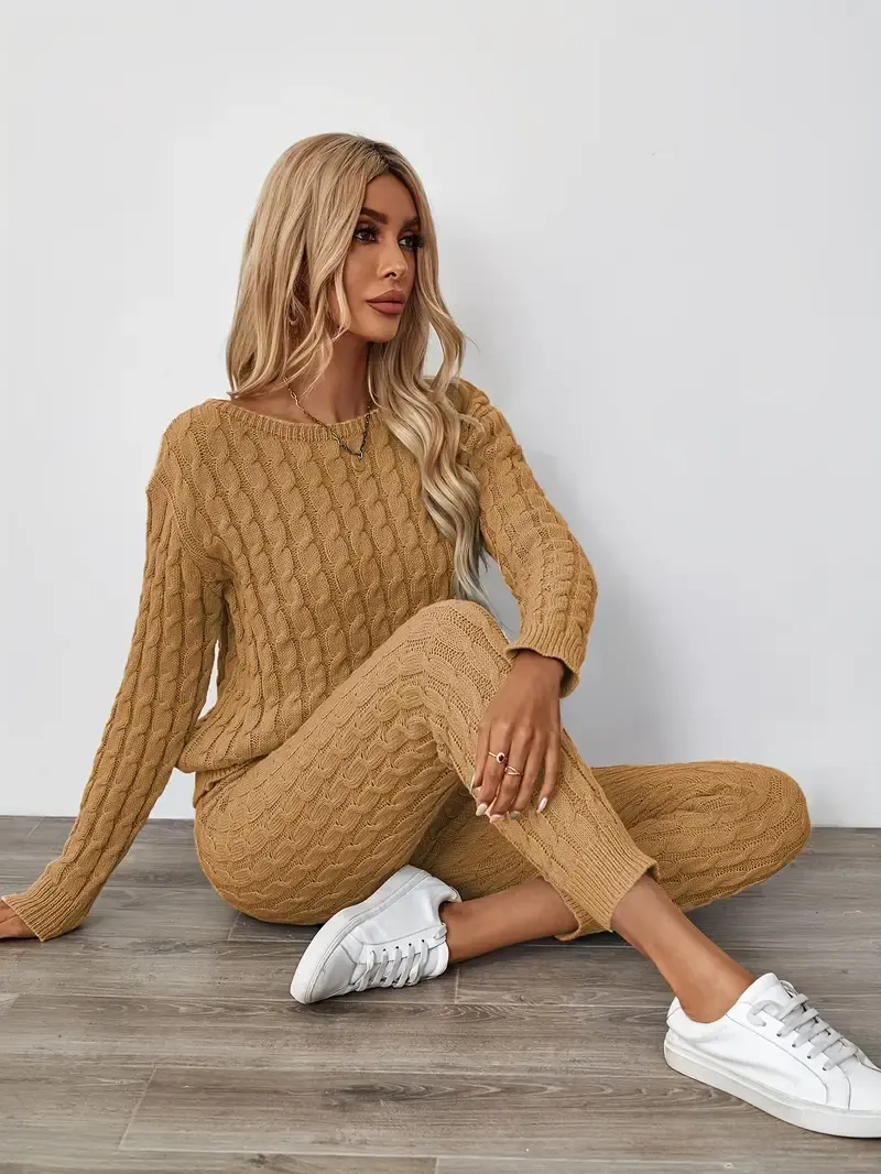 Solid Knitted Matching Two-piece Set, Casual Long Sleeve Sweater & Pants Outfits, Women's Clothing