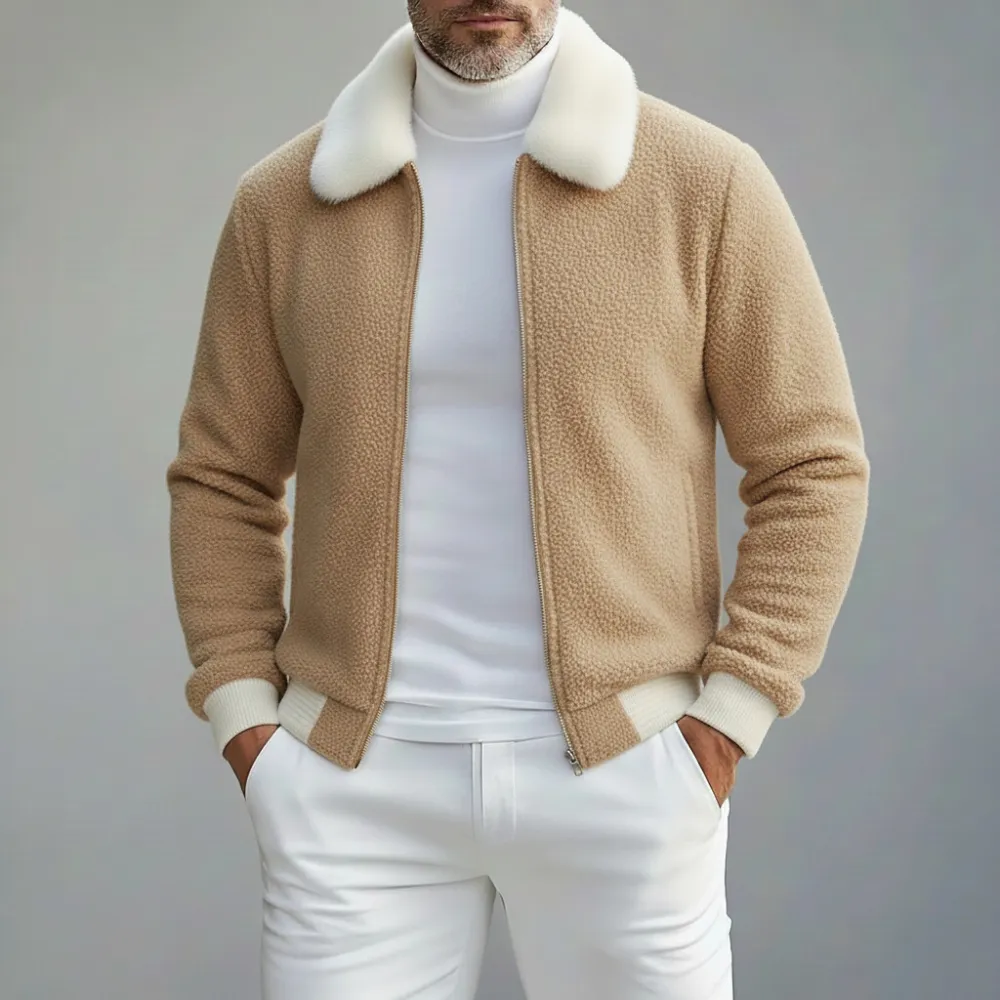 Men's Camel Furry Collar Long Sleeve Pockets Sherpa Zip-Up Jacket