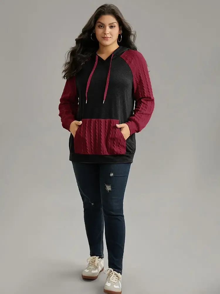 Contrast Cable Knit Pocket Hooded Drawstring Sweatshirt