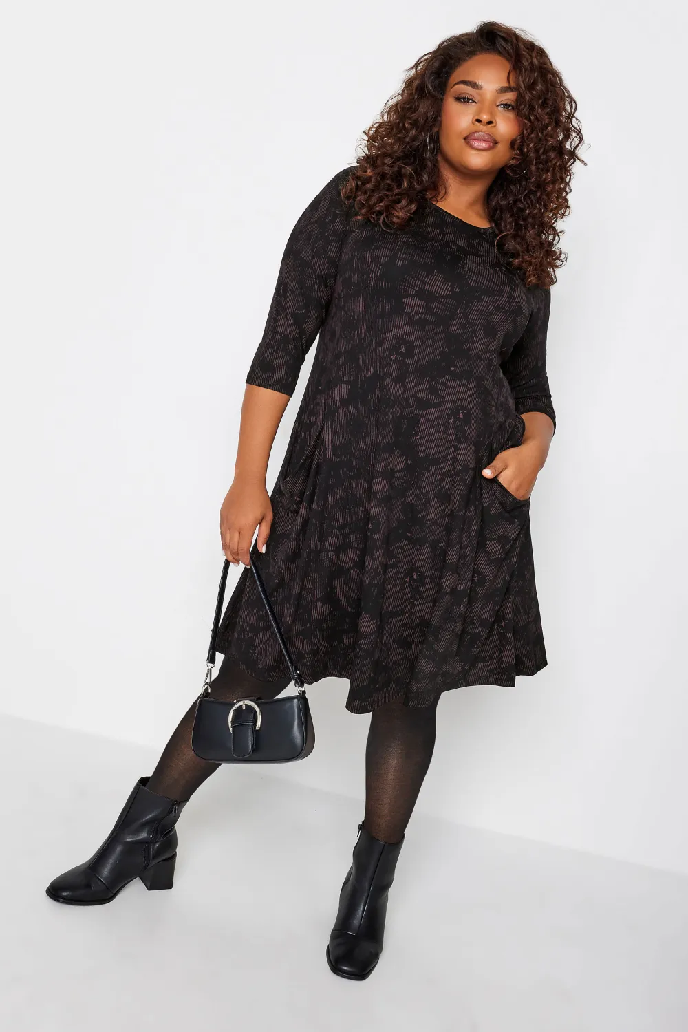 YOURS Curve Black Geometric Print Drape Pocket Mini Dress