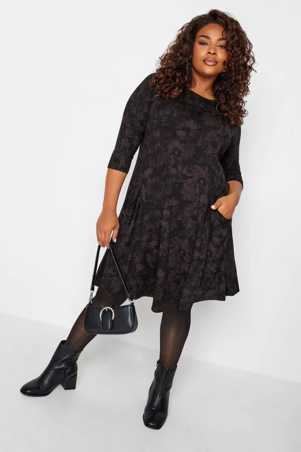 YOURS Curve Black Geometric Print Drape Pocket Mini Dress