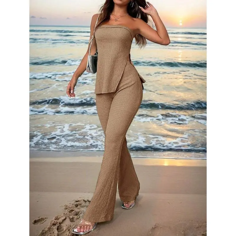 Women's Summer Two-Piece Set – Strapless Top & High-Slit Flare Pants, Casual Resort Outfit