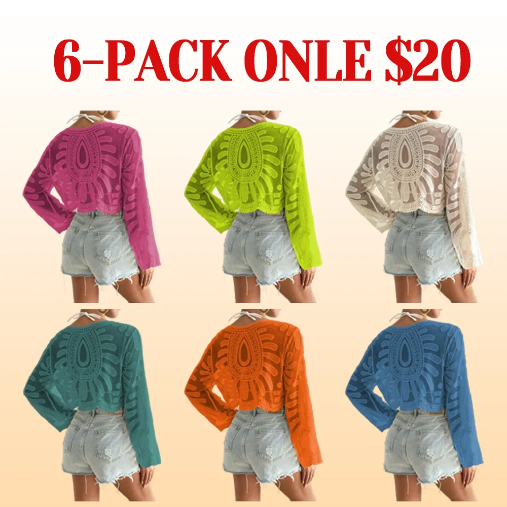 Women's Floral Embroidered Sheer Long Sleeve Beach Cover Up