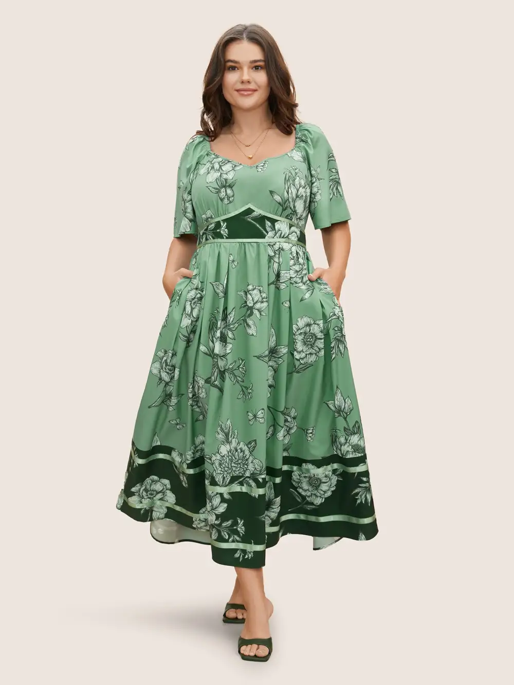 Boho Print Heart Neckline Ruffle Sleeve Maxi Dress