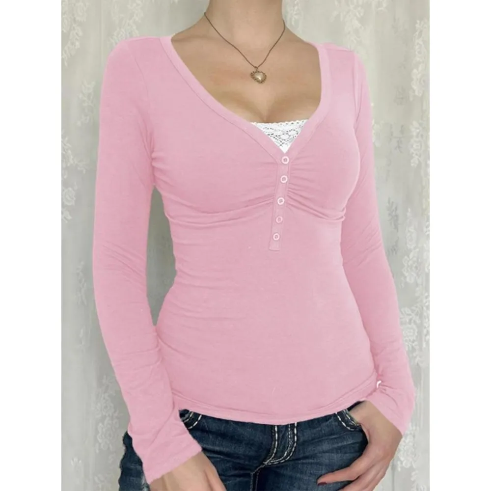 Women's Contrast Lace Button V Neck Tee