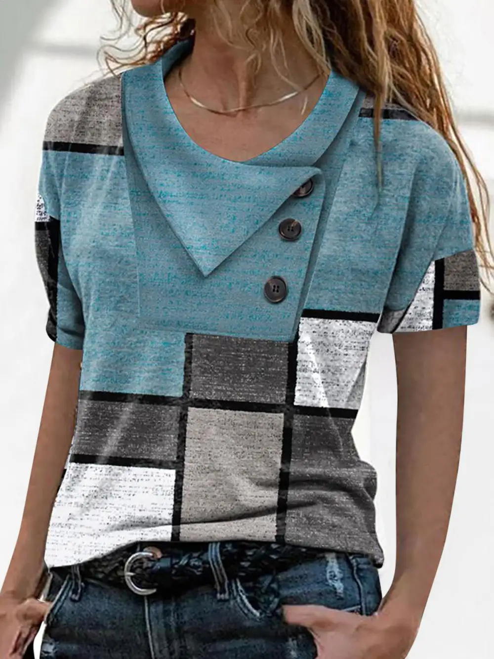Women's T-Shirts Cross Neck Button Print Short Sleeve T-Shirt（⚡Clearance Sale）