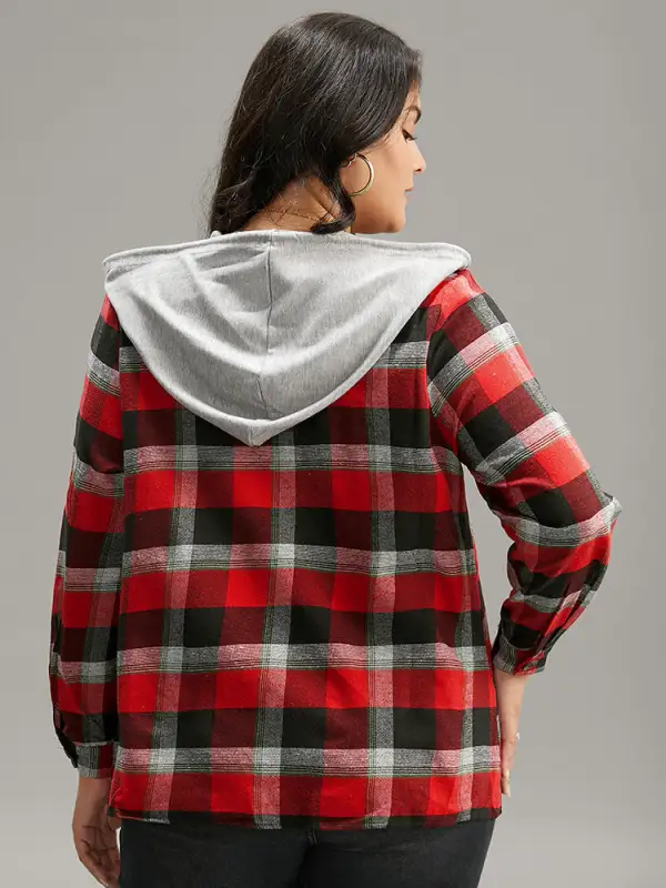 Plaid Patchwork Hooded Drawstring Button Through Jacket