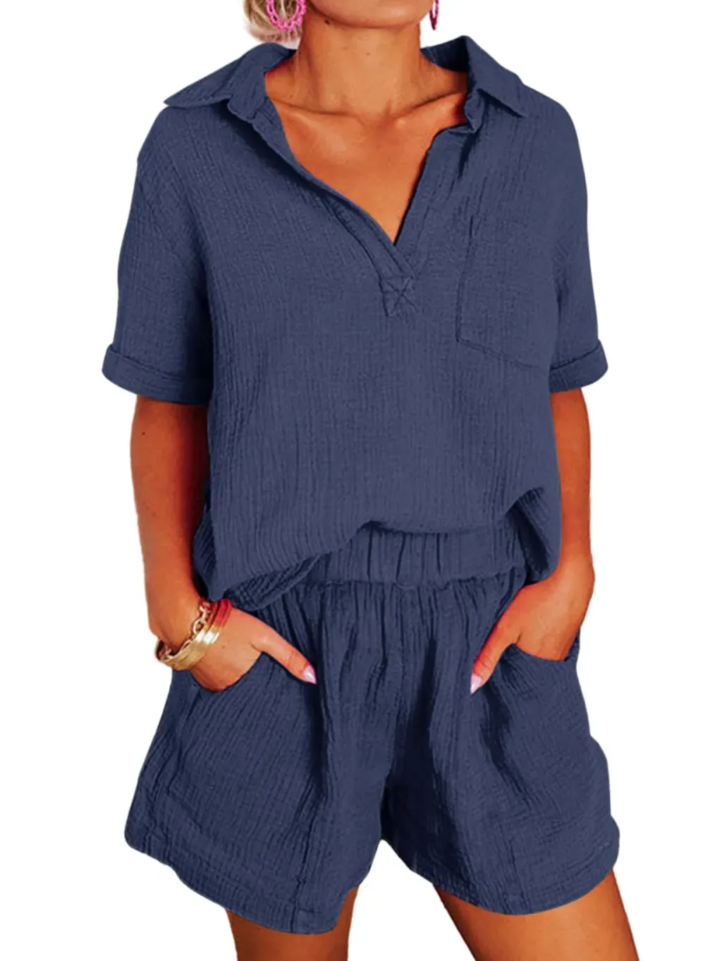 ✨Women's Two Piece Outfits V Neck Short Sleeve Shirts and High Waist Shorts Lounge Sets