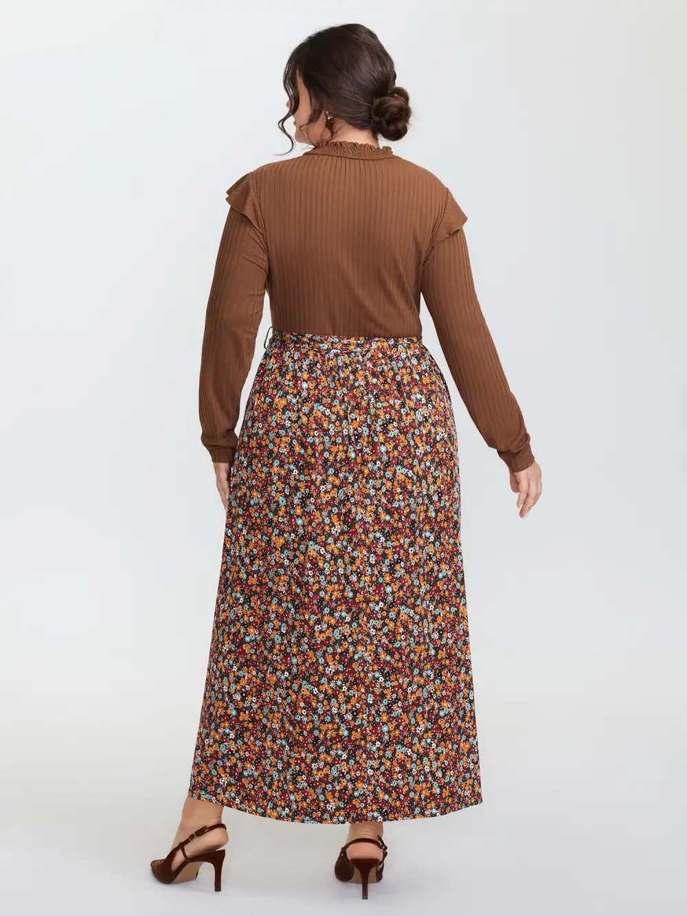 Floral Ruffled Pockets Mock Neck Maxi Dress