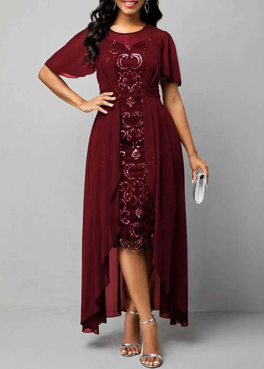 Chiffon Sequin Embroidered Round Neck Dress