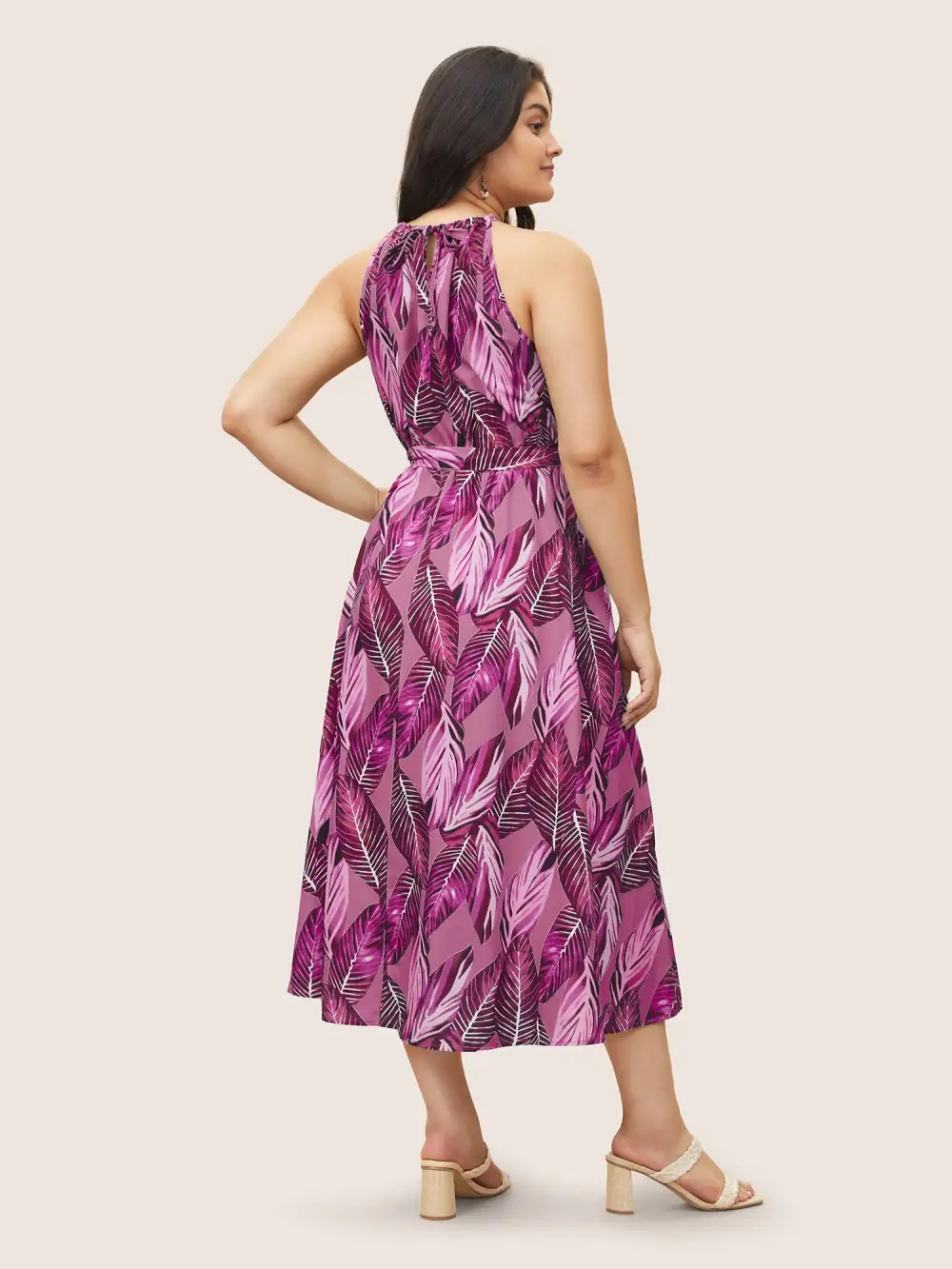 Tropical Print Knotted Pocket Ruffles Belted Halter Dress