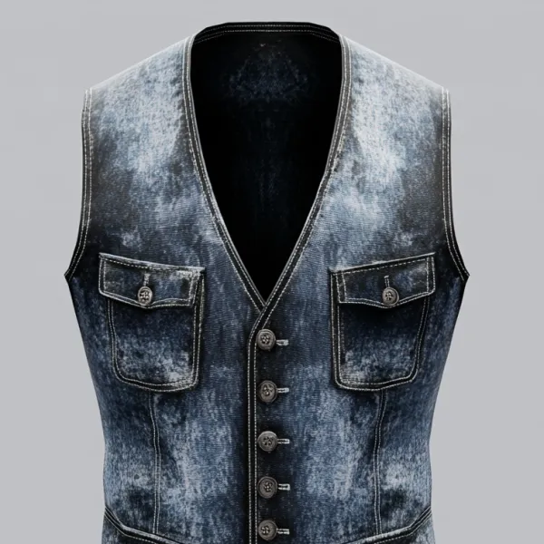 Men's Casual V Neck Single Breasted Distressed Denim Vest
