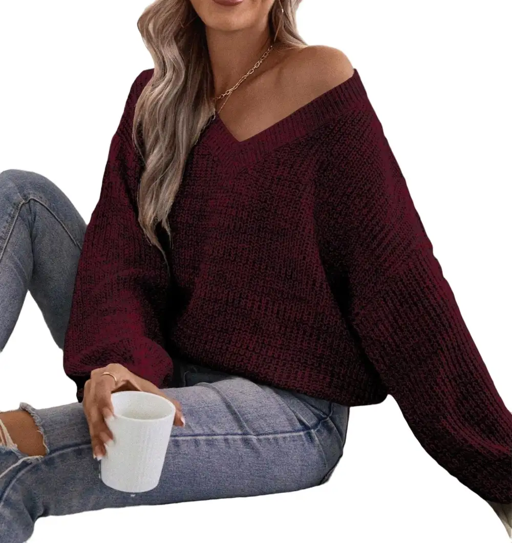 Casual Plain V neck Pullovers Long Sleeve Brown Women Sweaters (Women's)