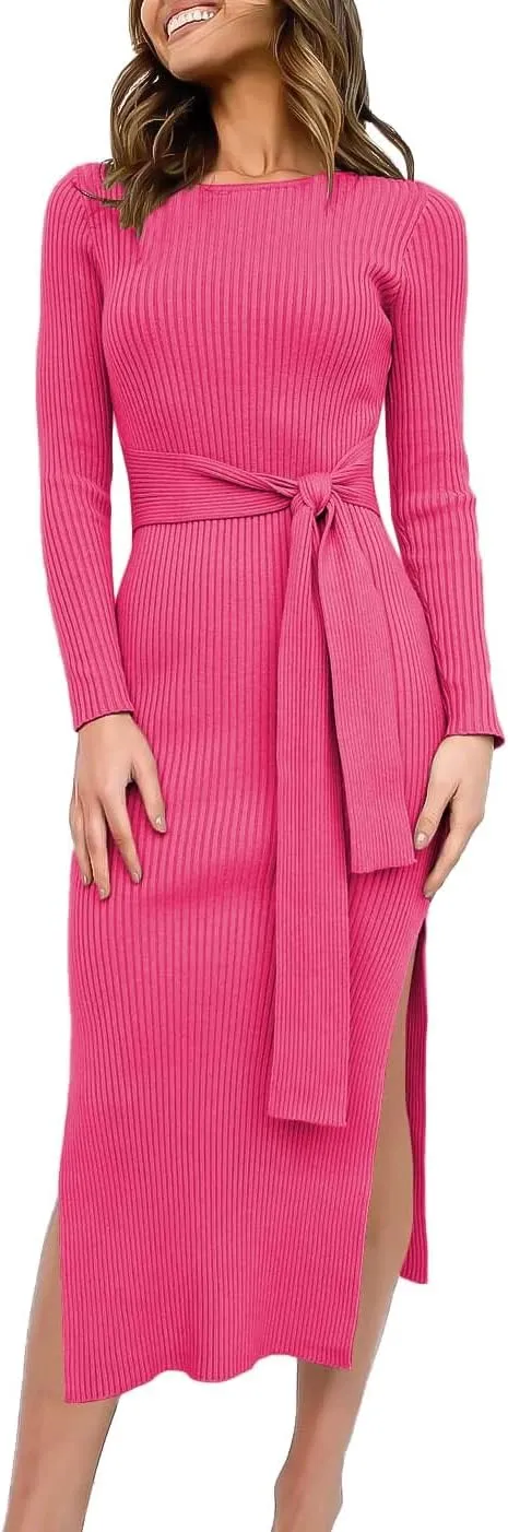 Long Sleeve Sweater Dress Crew Neck Slim Fit Slit Tie Waist 2024 Ribbed Knit Bodycon Midi Dress Fall Outfits