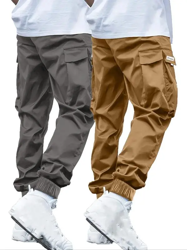 Men's Plus Size Cargo Pants – Solid Color, Drawstring, Flap Pockets