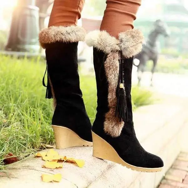 Women'S Rabbit Fur Warm Wedge Snow Boots 17020599C