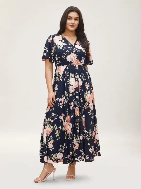 Bloom Dress - Flutter Sleeve Ditsy Floral Pocket Split Maxi Dress