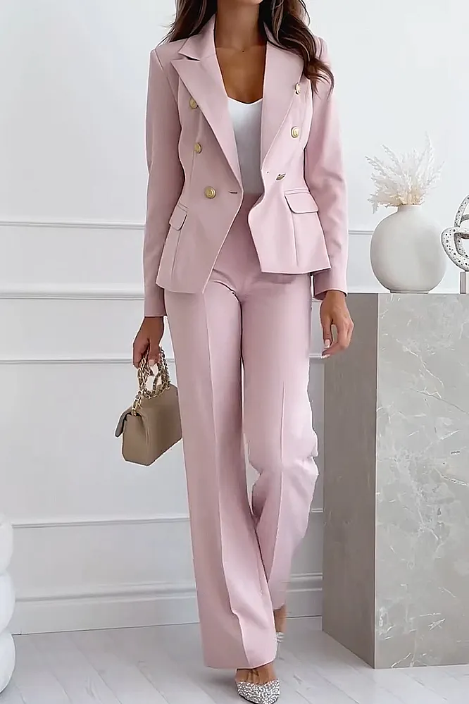 Women's Fashion Solid Color Slimming Button Jacket Pants Two Piece Set