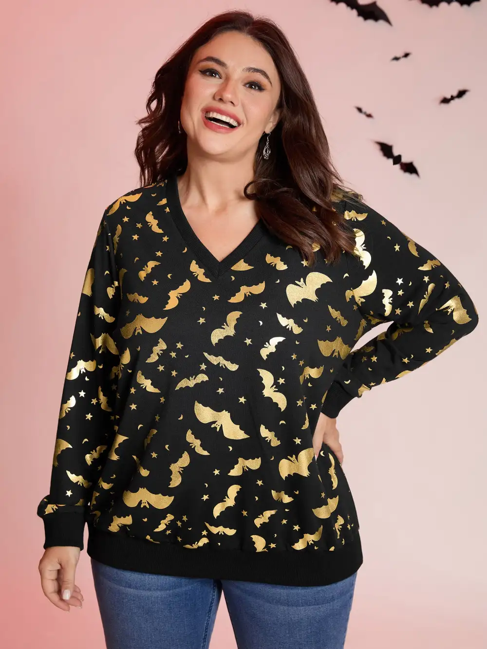 Gold Bat Print Stretchy V-Neck Sweatshirt