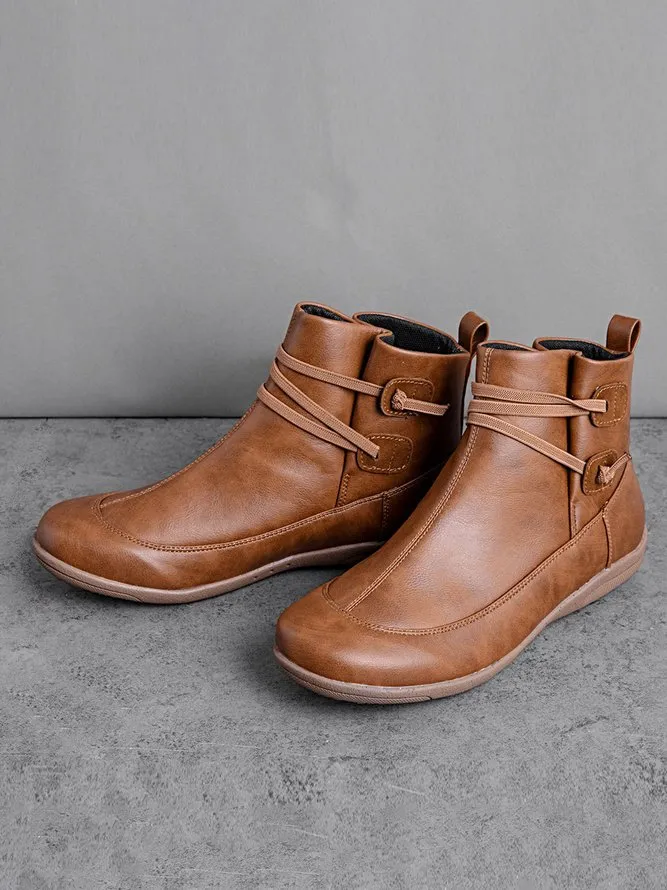 Vintage Women Casual Braided Strap Breathable Lether PU Flat Heel Classic Boots