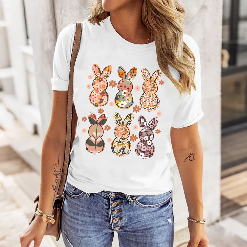 Easter Floral Bunny Printed Round Neck Short Sleeve T-Shirt