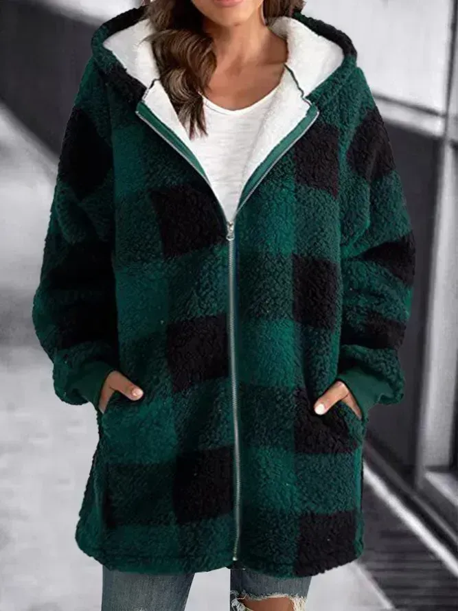 HOODIE PLAID LOOSE OVERCOAT