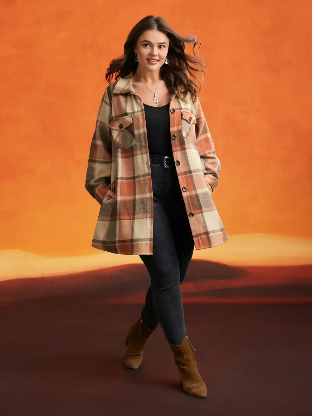 Halloween Plaid Chest Pockets Long Jacket