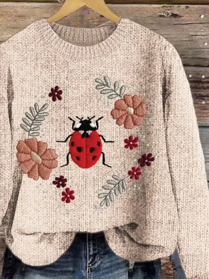 Women's Embroidered Floral Ladybug Print Crew Neck Knit Sweater