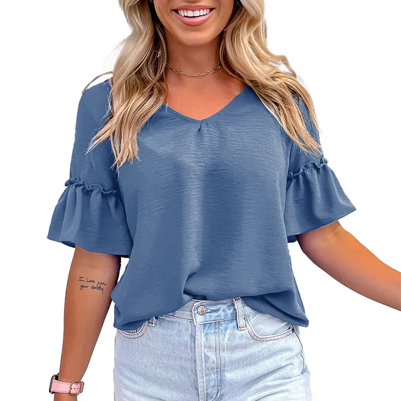 ✨Womens Causal Blouses Summer Clothes V Neck Ruffle Short Sleeve Shirts Tops