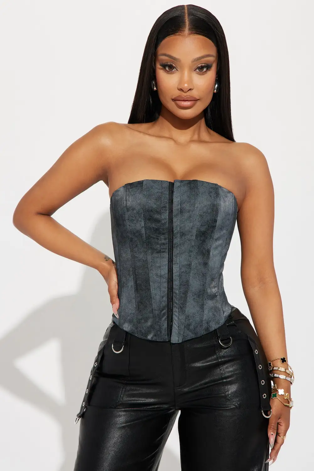 Inez Washed Faux Leather Corset Top - Grey