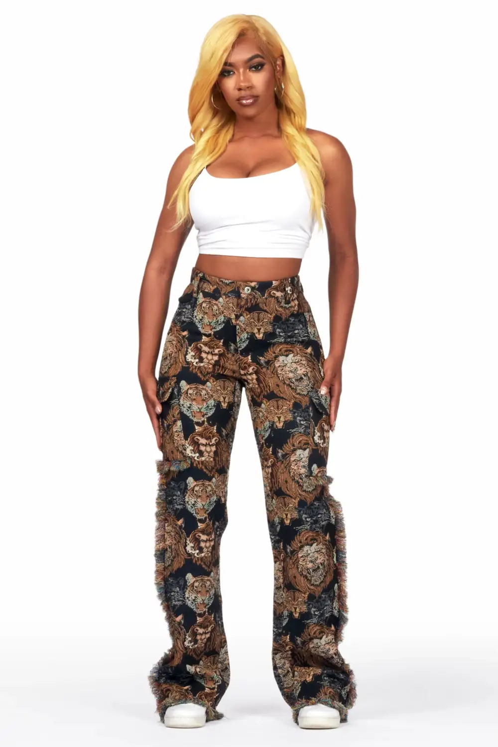 Khadiyah Black Animal Print Tapestry Stacked Pant