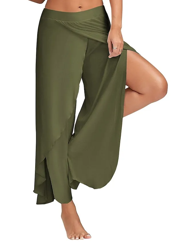 Women's Culottes Wide Leg Chinos Ruffle Layered Stretchy Mid Waist Basic Casual / Sporty Casual Daily Black White S M Summer Spring & Fall