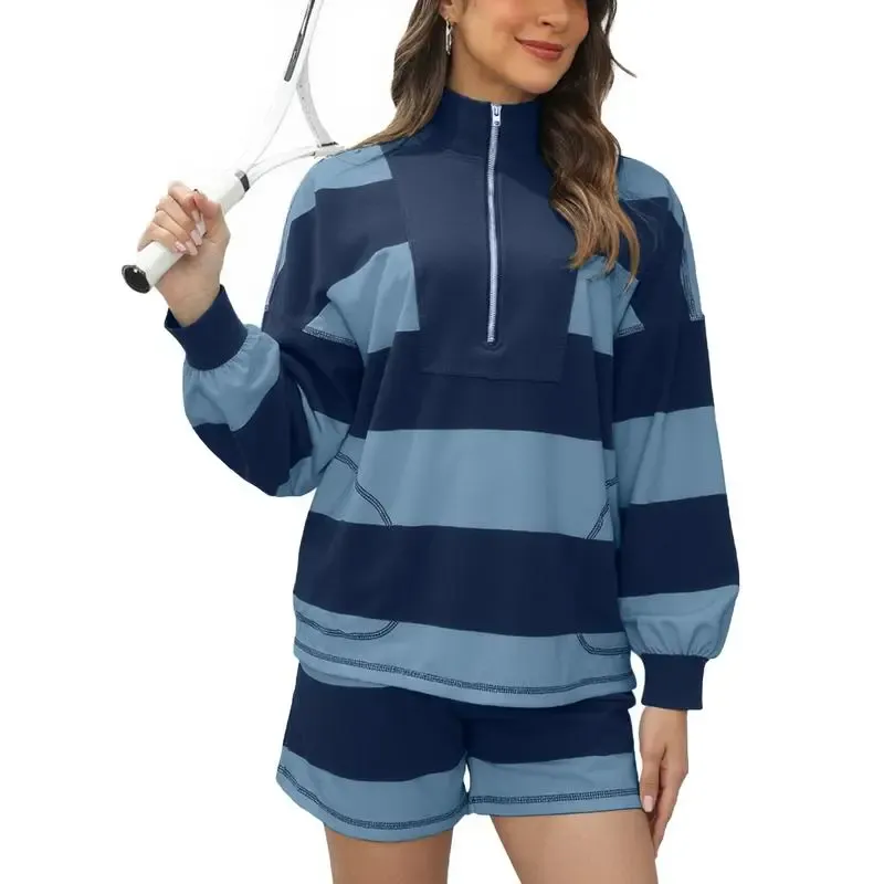 Women's Lounge Set 2 Piece Striped Long Sleeve Quarter Zip
