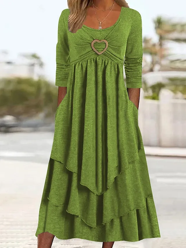 Women's Casual Dress Swing Dress Midi Dress Green Light Grey Dark Gray Long Sleeve Pure Color Ruched Winter Fall Spring U Neck Fashion Vacation 2023 S M L XL XXL 3XL