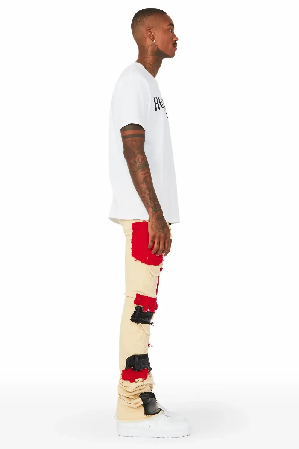 Kaizen Beige/Red Patchwork Super Stacked Flare Jean