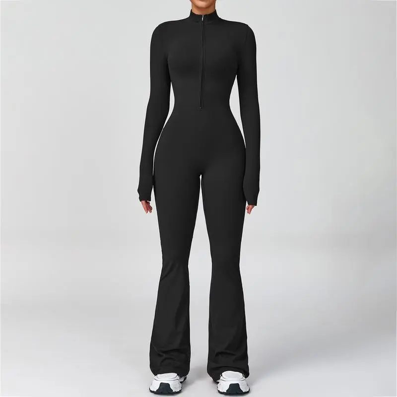 Women's Long Sleeve Flared Jumpsuit – Zipper Wide Leg Activewear for Gym & Casual Wear