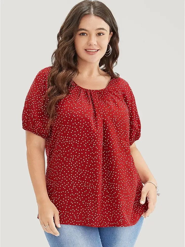 Polka Dot Pleated Round Neck Puff Sleeve Blouse