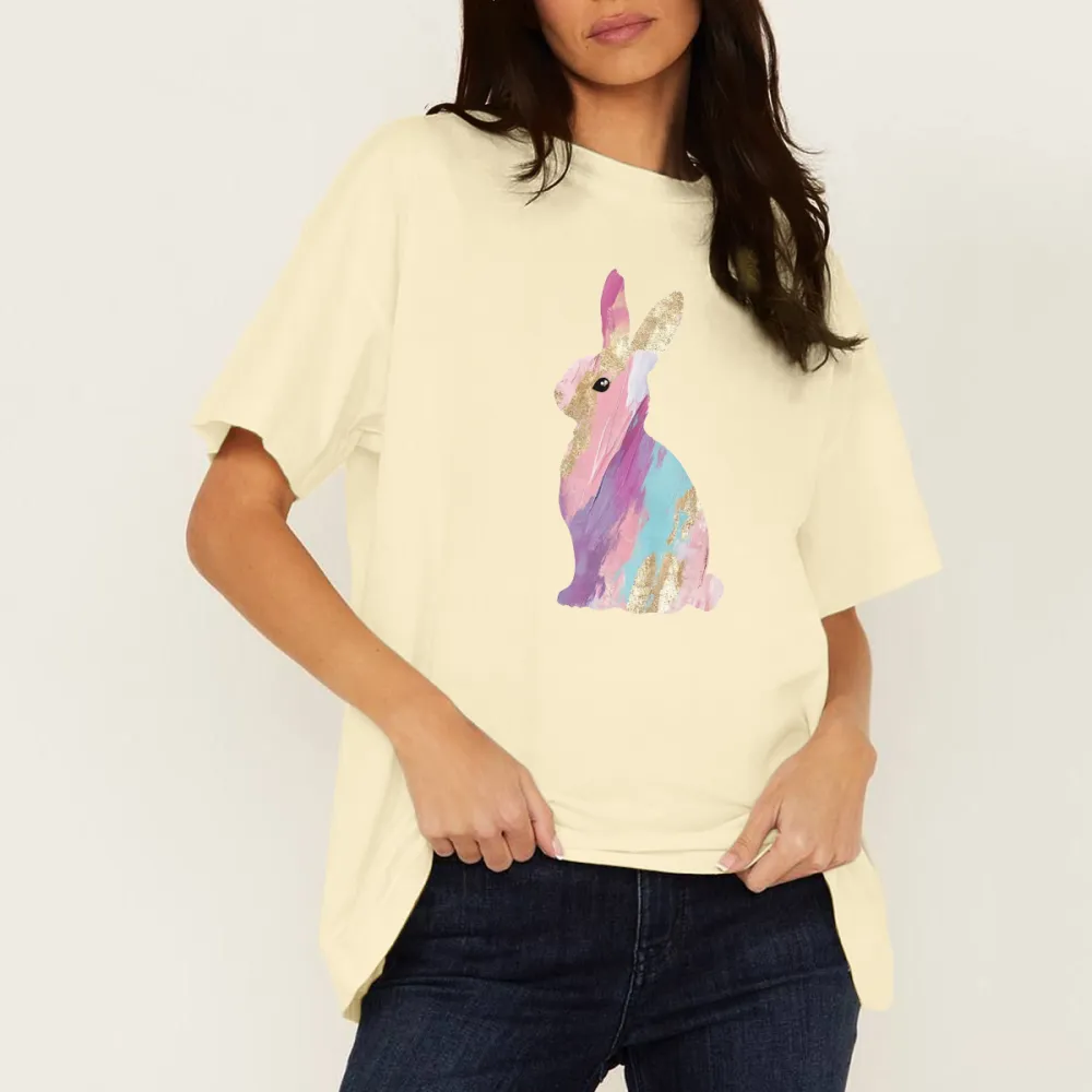 Colorful Bunny Pattern In Pink, Purple, Blue And Gold Glitter Effect, Easter, Casual T-Shirt.