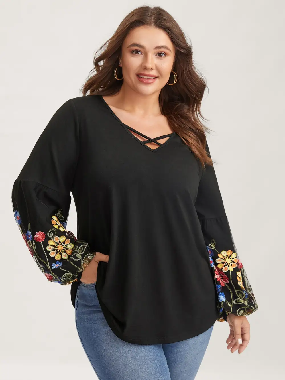 Floral Embroidered Sleeve Neck Tie-Up T-Shirt