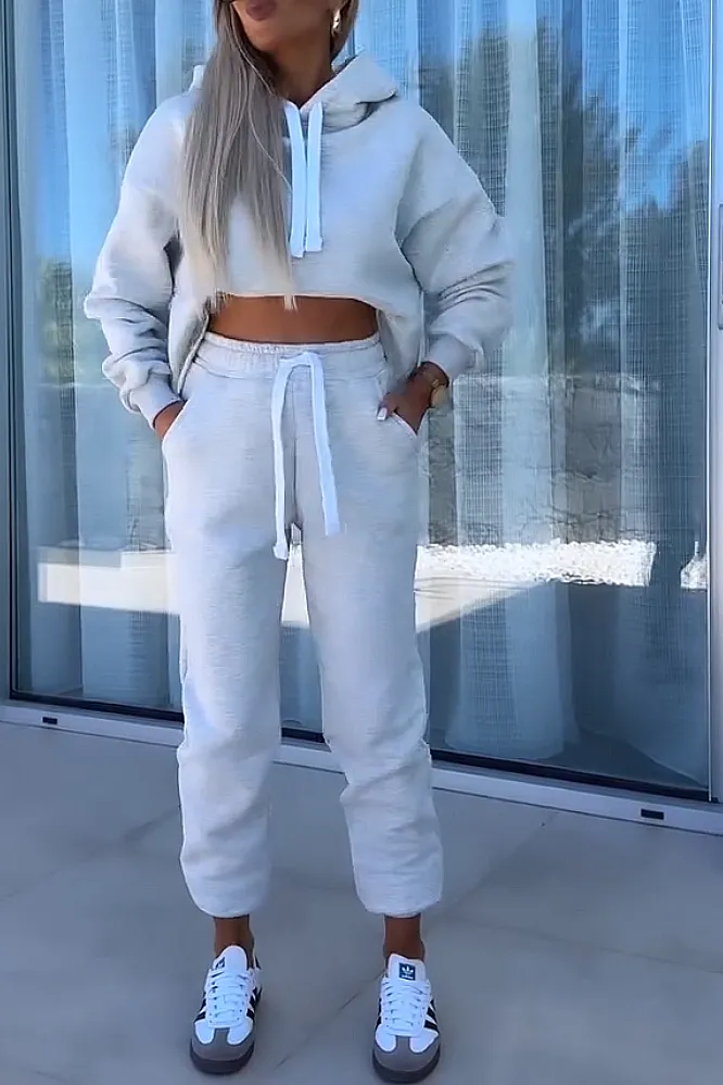Women's solid color round neck top and pants two-piece set