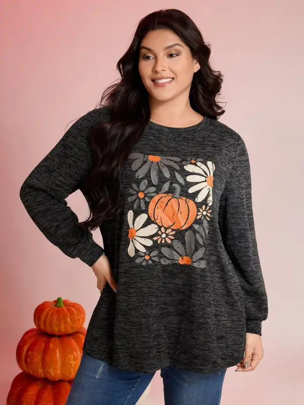 Halloween Pumpkin Floral Pockets Tunic Top