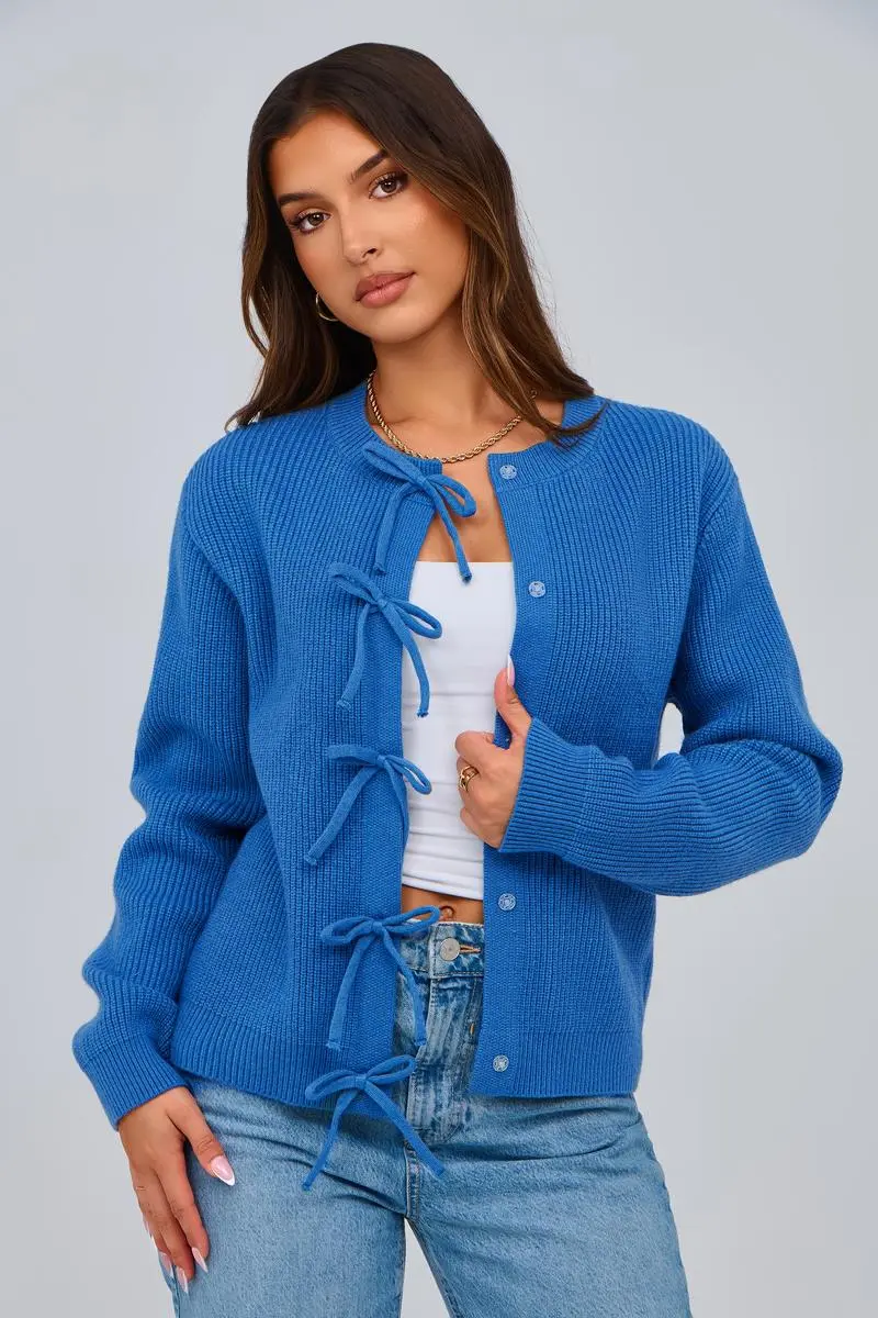 Cardigan Sweaters for Women Trendy 2025 Fall Open Front Long Sleeve Button Down Bow Knot Cropped Lady Jacket