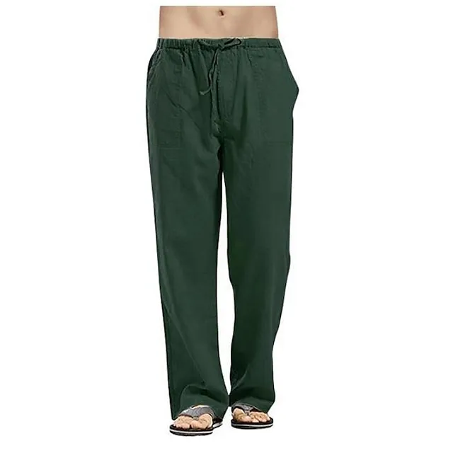 Men's Linen Pants Trousers Summer Pants Beach Pants Pocket Drawstring Elastic Waistband Plain Comfort Breathable Full Length Daily Streetwear Linen / Cotton Blend Fashion Casual / Sporty Loose Fit