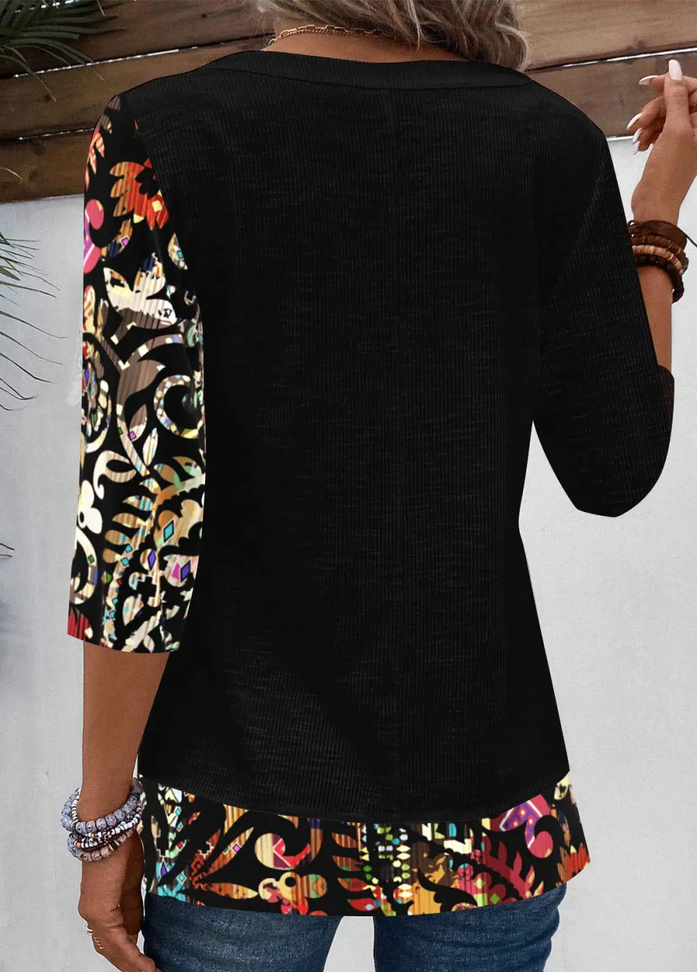 Patchwork Floral Print V Neck T Shirt