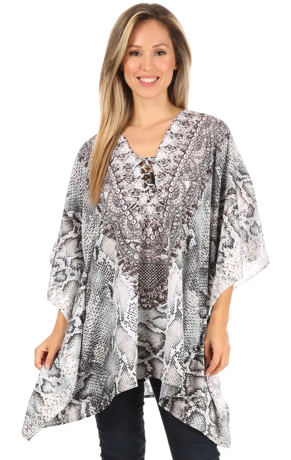 Women's Caftan Poncho Cover up V neck Top Lace up With Rhinestone