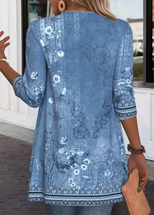 Denim Blue Patchwork Floral Print Long Sleeve Light Cardigan